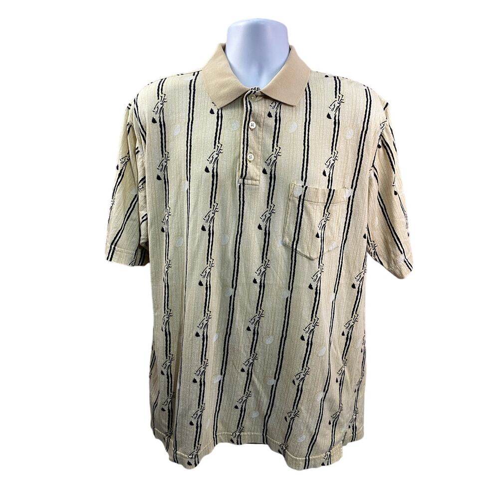Vtg Sansabelt Golf Polo Shirt Mens Large All Over Print Short Sleeve Beige